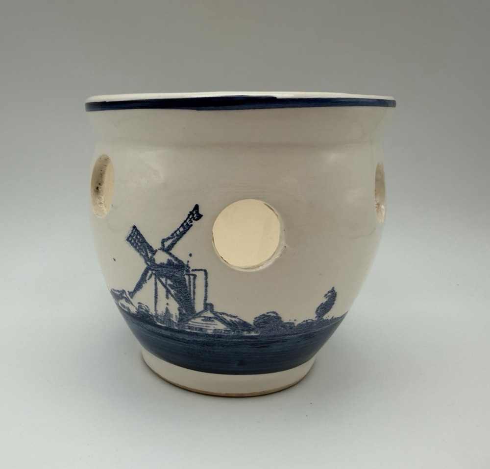 Delft Blauw Planter Blue White Windmill Sailboats Hand Painted Vintage Holland